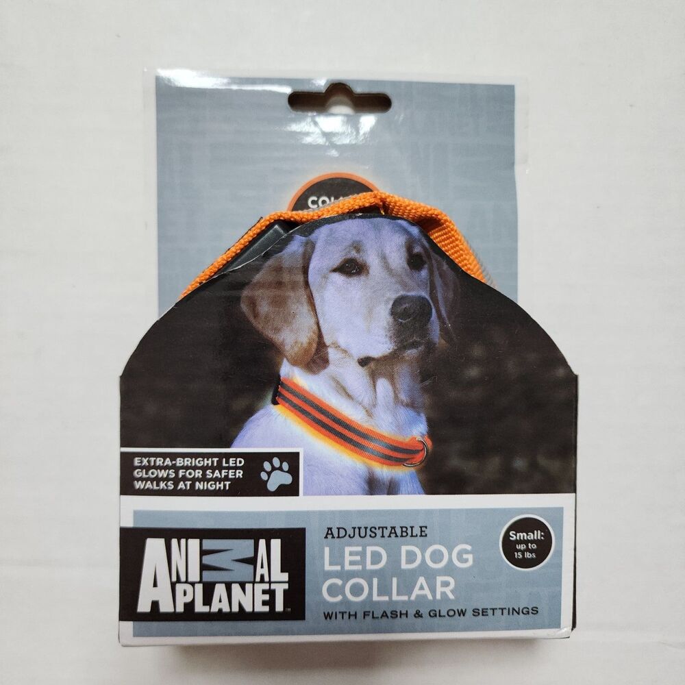 NWT Animal Planet Adjustable LED Dog Collar Orange Safety Light Up Small
